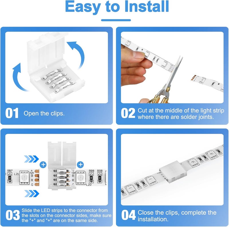 Pmxary 20Pcs 4 Pin LED Strip Connectors for 8mm Wide RGB LED Strip Lights, Solderless Unwired LED Light Connectors, Easily Extend or Splice 4-Pin 8mm Multicolor Strips - Image 4